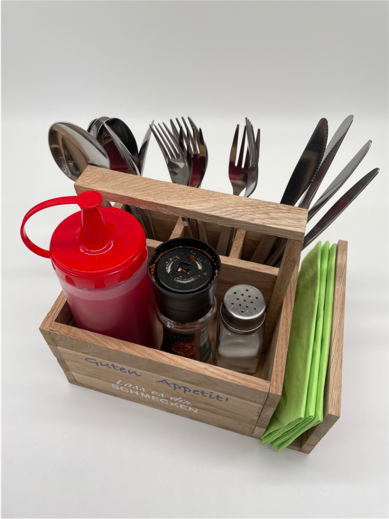 Tisch Organizer, Gewürz- und Besteckhalter gelaserter Schriftzug, Holz